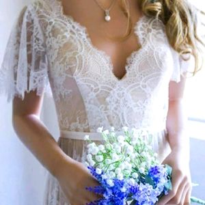A-Line Lace V-Neck Short Sleeves Wedding Dresses